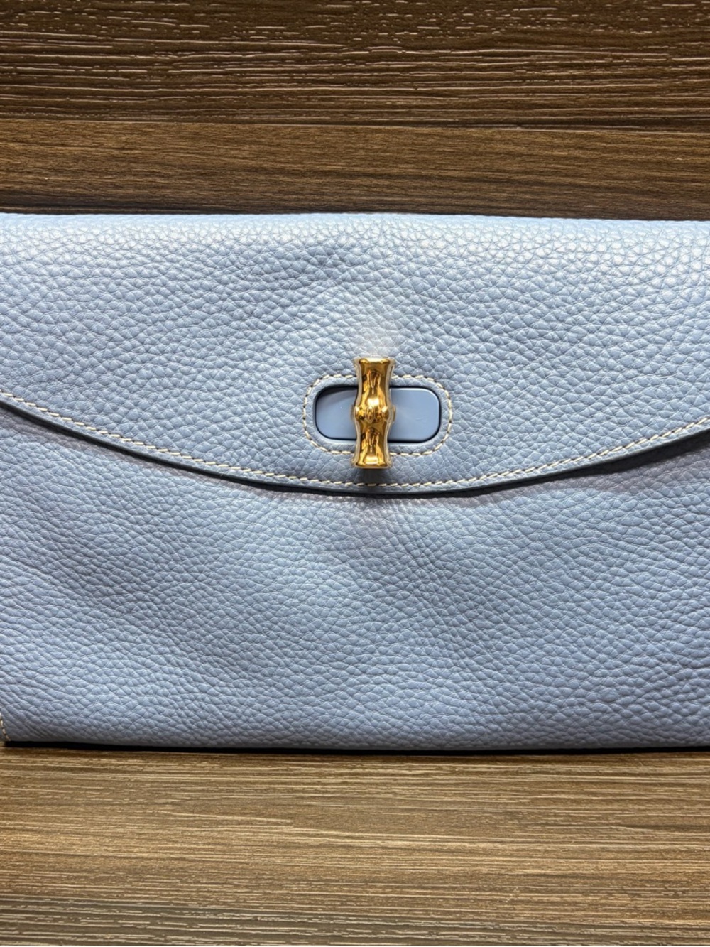 J McLaughlin Blue Leather Clutch Wallet Gold Turn Lock - Picture 3 of 10